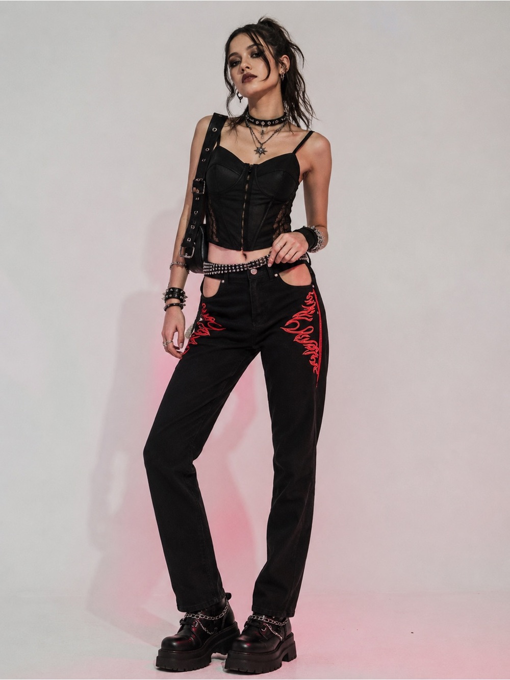 Edikted Black Flame Embroidered Jeans Y2K Goth Grunge Alt Punk Size XS